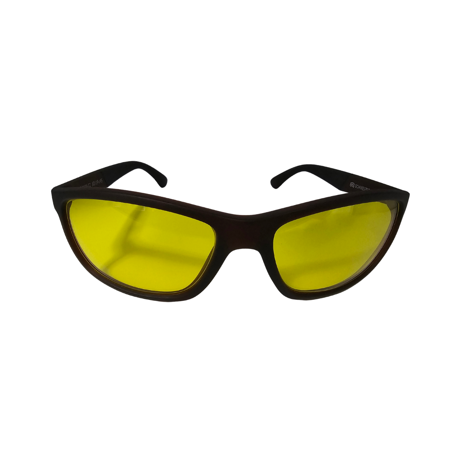 Front of brown FR1 blue blocking glasses with medium yellow tint.