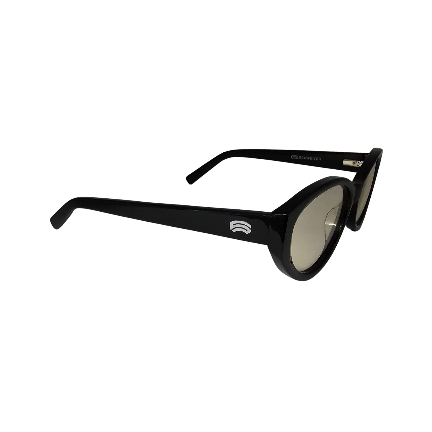 Right side of Schweizer FR5 night driving glasses with black frames.