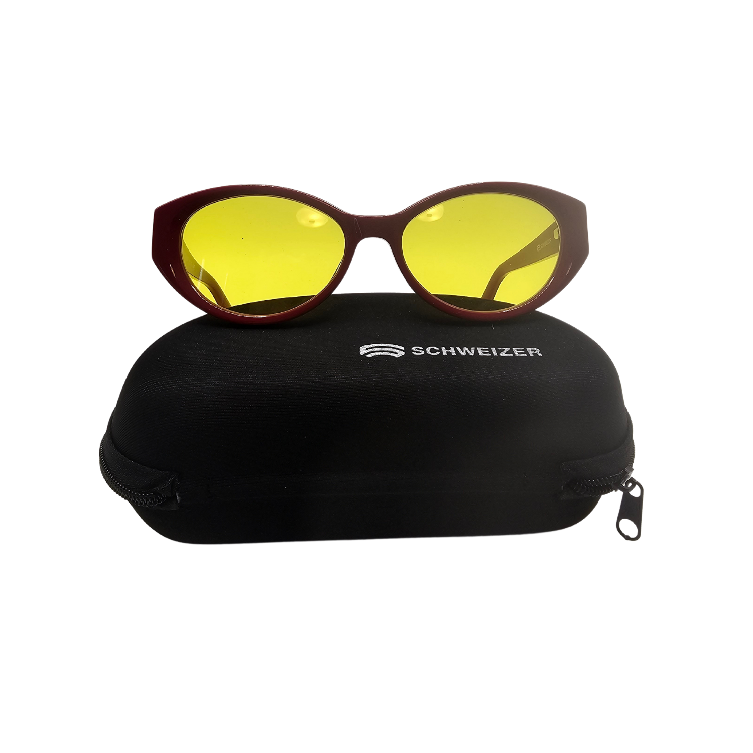 Image of the FR5 Blue Blocking Night Driving Glasses - Red Frames Medium Yellow Tint with case from Schweizer.