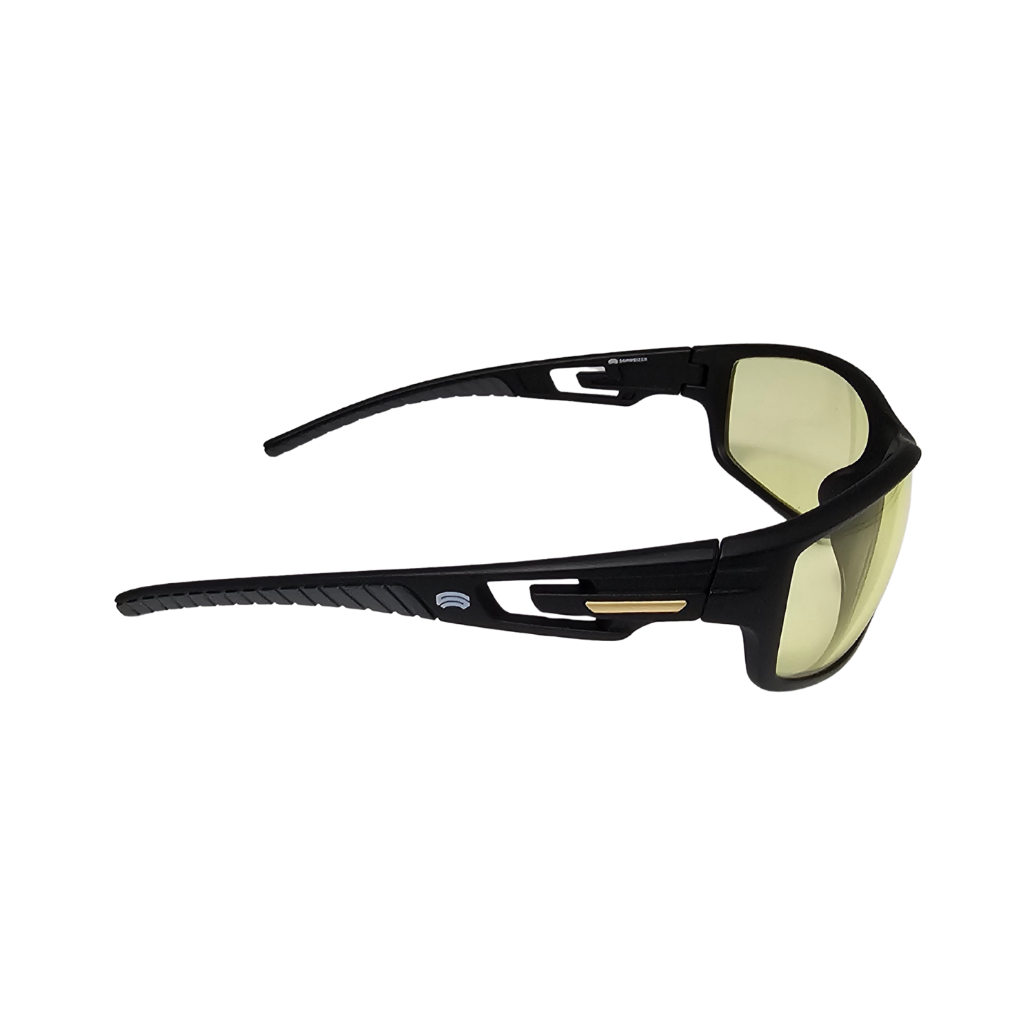 Right side of Schweizer FS4 night driving glasses with black frames.