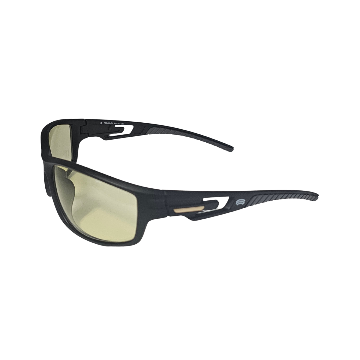 Left side of FS4 black night driving glasses from Schweizer.