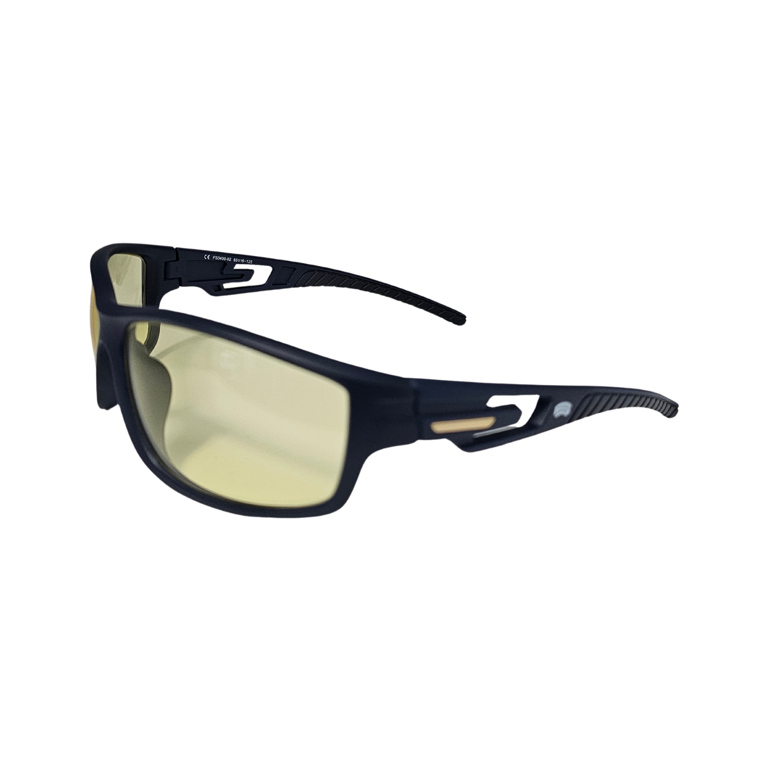 Left side of Schweizer FS4 Dark Blue glasses with night driving lenses.