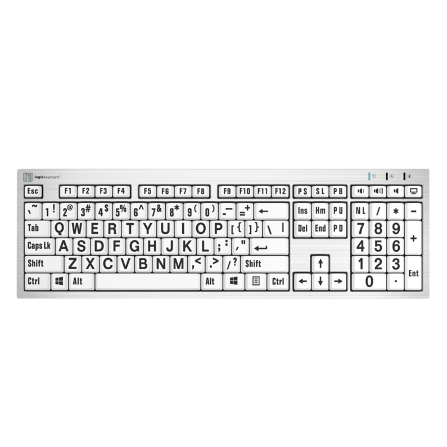 Image of the LargePrint Slimline Keyboard from LogicKeyboard with black on white keys.