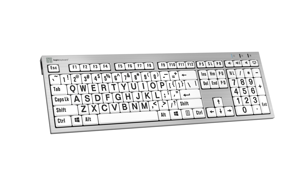 Image showing the left angle of the Right angle view of the LogicKeyboard LargePrint Black on White slimline keyboard.