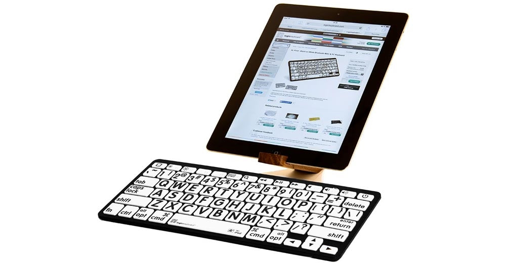 Image of the LargePrint Mini Bluetooth Black on White Keyboard for Mac from LogicKeyboard connected to an iPad.