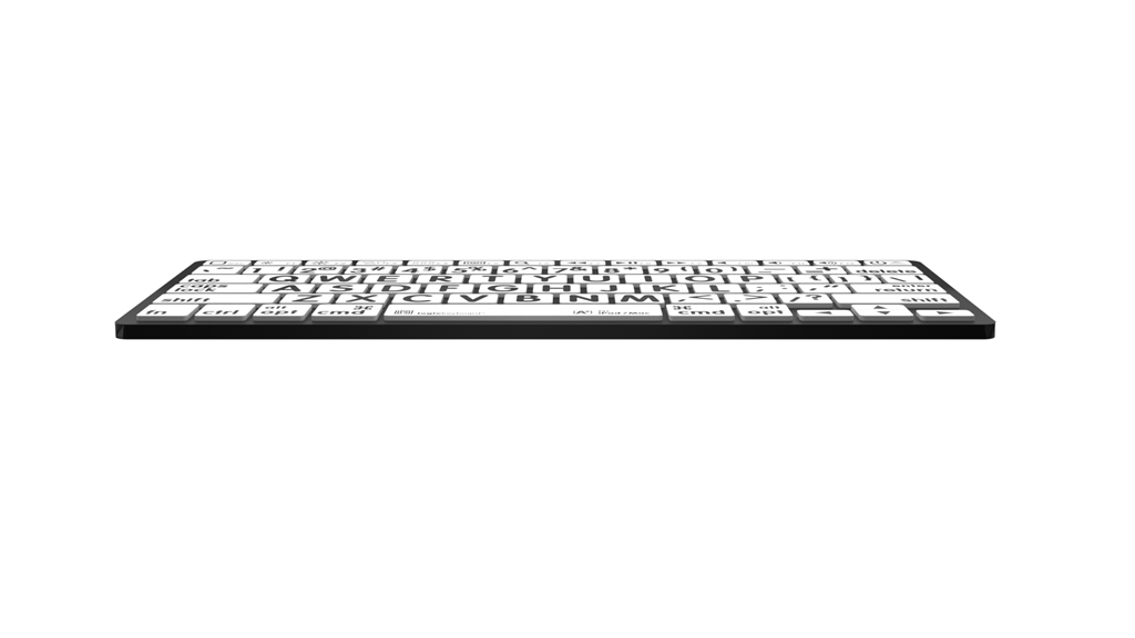 Image of the front edge of the LargePrint Mini Bluetooth Black on White Keyboard for Mac from LogicKeyboard.