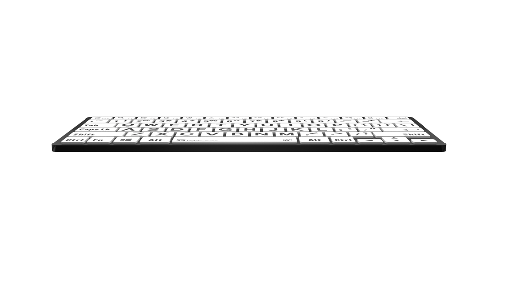 Image of front edge of the LogicKeyboard LargePrint Mini Bluetooth Black on White PC Keyboard.