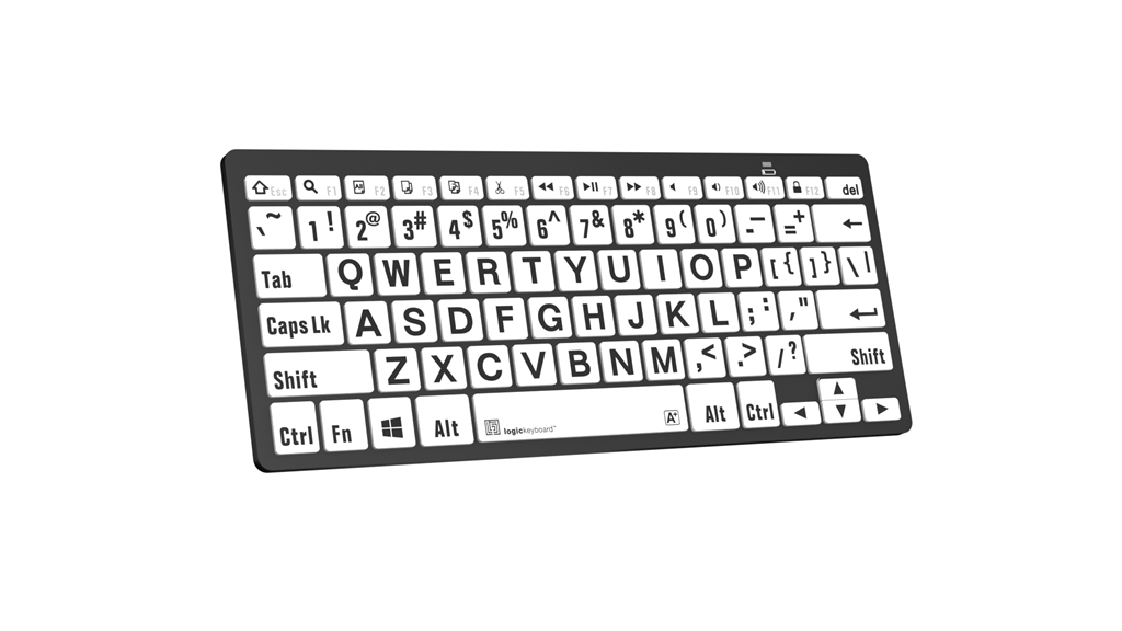 Left angle image of the LogicKeyboard LargePrint Mini Bluetooth Black on White PC Keyboard.