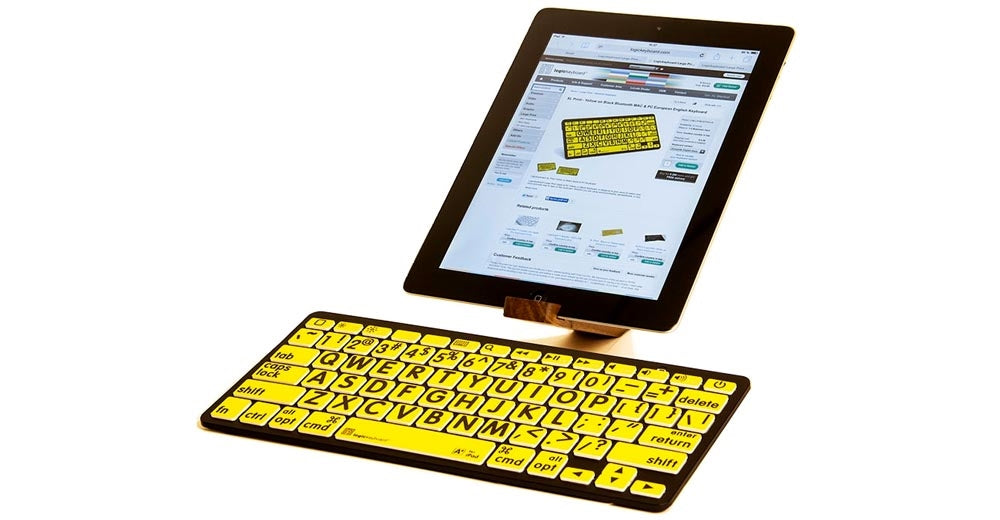 Image of the LargePrint Mini Bluetooth Black on Yellow Keyboard for Mac from LogicKeyboard connected to an iPad.