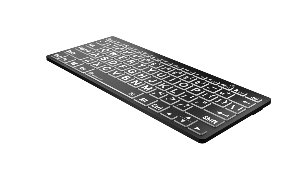 Image of the right side of the LogicKeyboard LargePrint Mini Bluetooth White on Black Keyboard for PC.