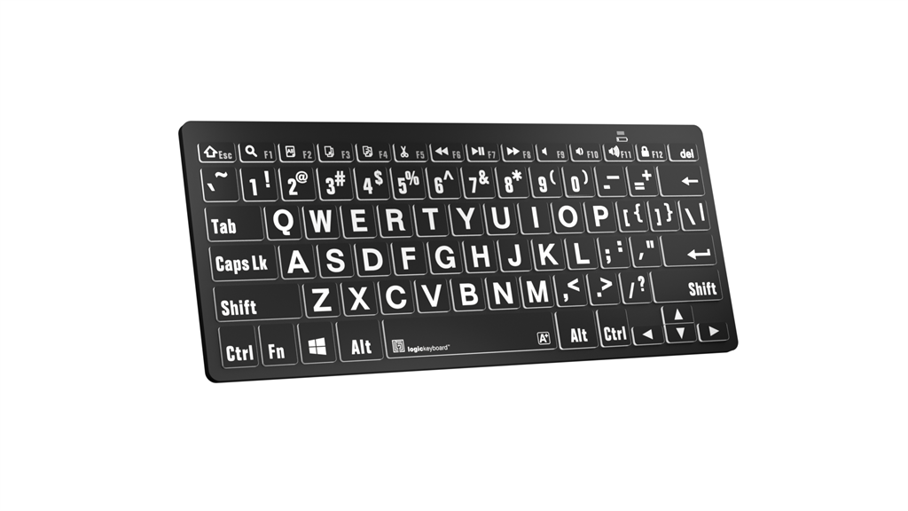 Left angle image of the LogicKeyboard LargePrint Mini Bluetooth White on Black Keyboard for PC.