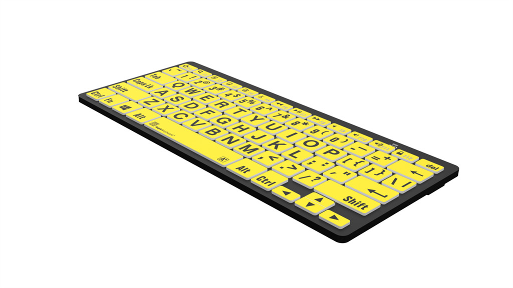 Image of the right side of the LogicKeyboard LargePrint Mini Bluetooth Black on Yellow PC Keyboard.