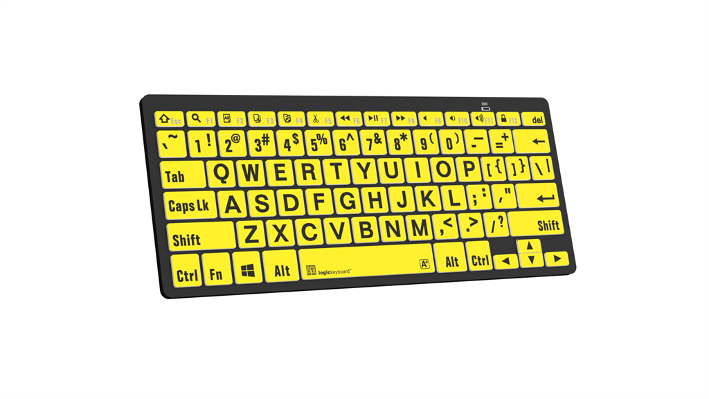 Front and left angle image of the LogicKeyboard LargePrint Mini Bluetooth Black on Yellow PC Keyboard.