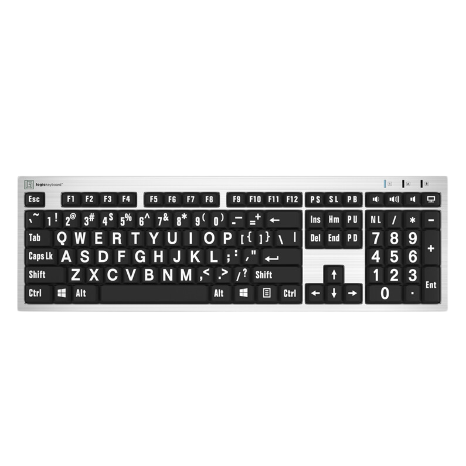Image of the LogicKeyboard LargePrint Slimline Keyboard with white on black keys.
