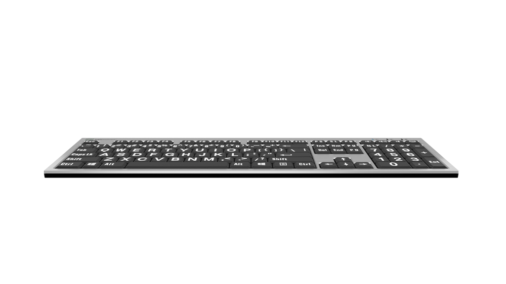 Image showing front edge of the LargePrint White on Black slimline keyboard from LogicKeyboard