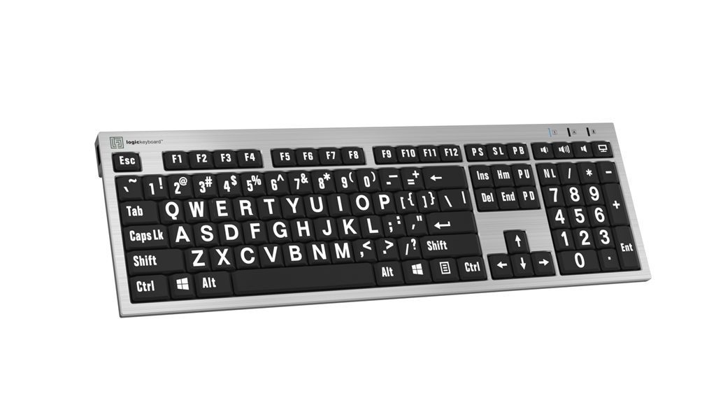 Left angle view of the LargePrint White on Black slimline keyboard from LogicKeyboard