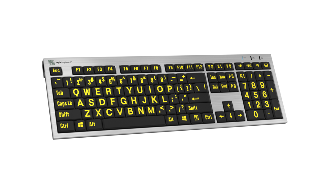 Left angle image of the LogicKeyboard LargePrint Yellow on Black slimline keyboard