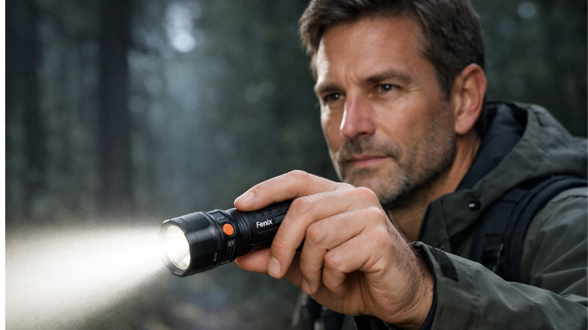 Man holding a flashlight in a forest setting