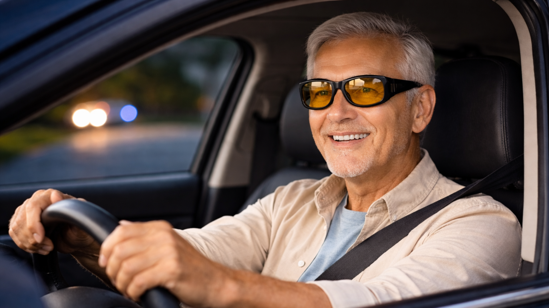Smiling man driving a car while wearing night driving glasses.