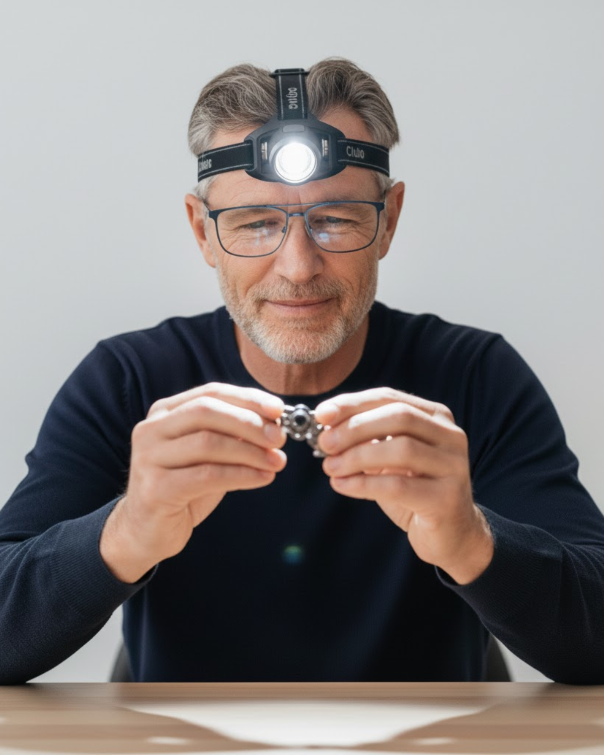 Man wearing a headlamp examining a small object on a table.