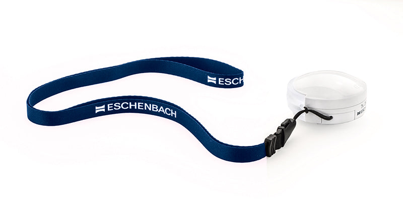 Image of the Mobilent LED Folding Pocket Magnifier with white protective case from Eschenbach with included lanyard.