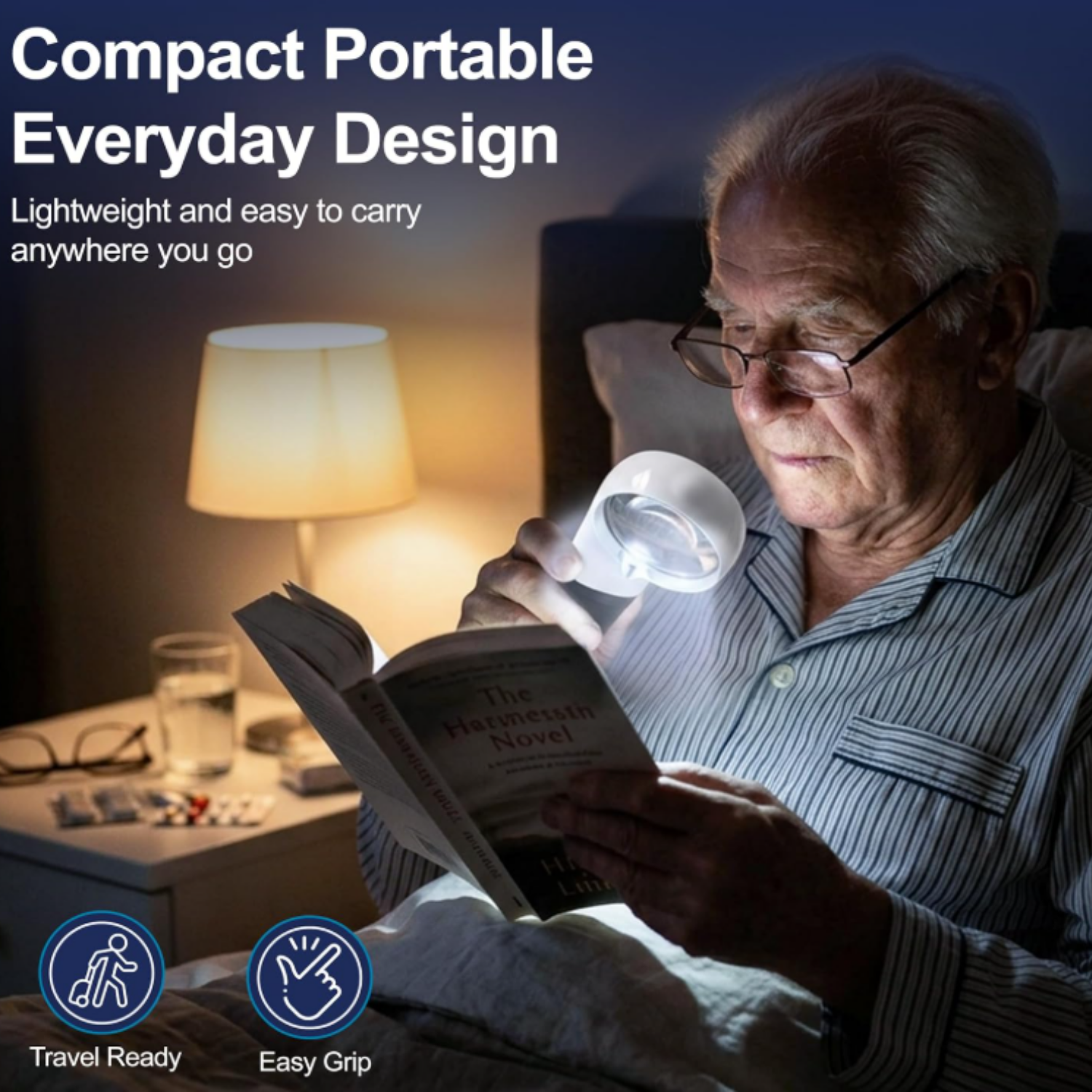 Senior using a lighted magnifying glass to read a book.