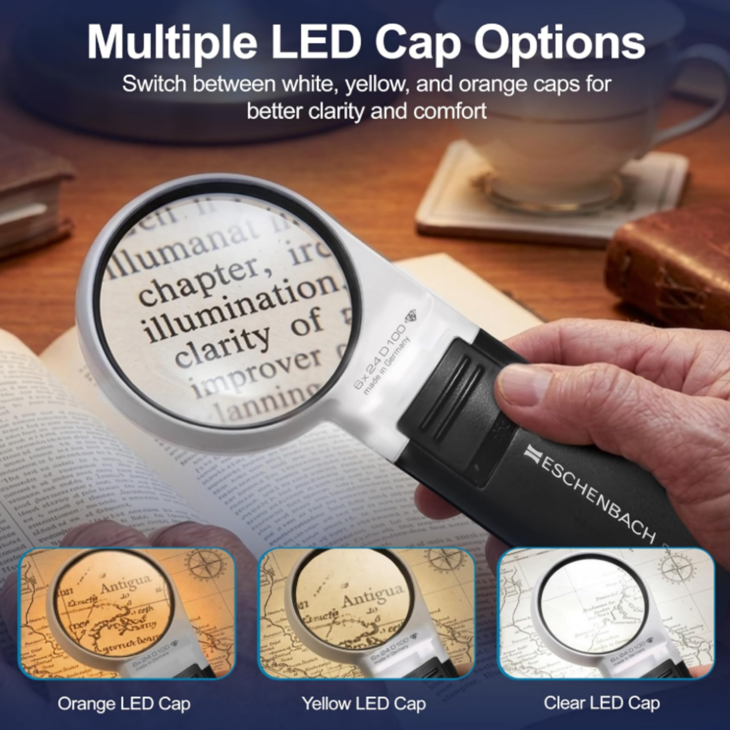 A hand holds an Eschenbach magnifying glass with an adjustable LED light over an open book, showing enlarged text. 
