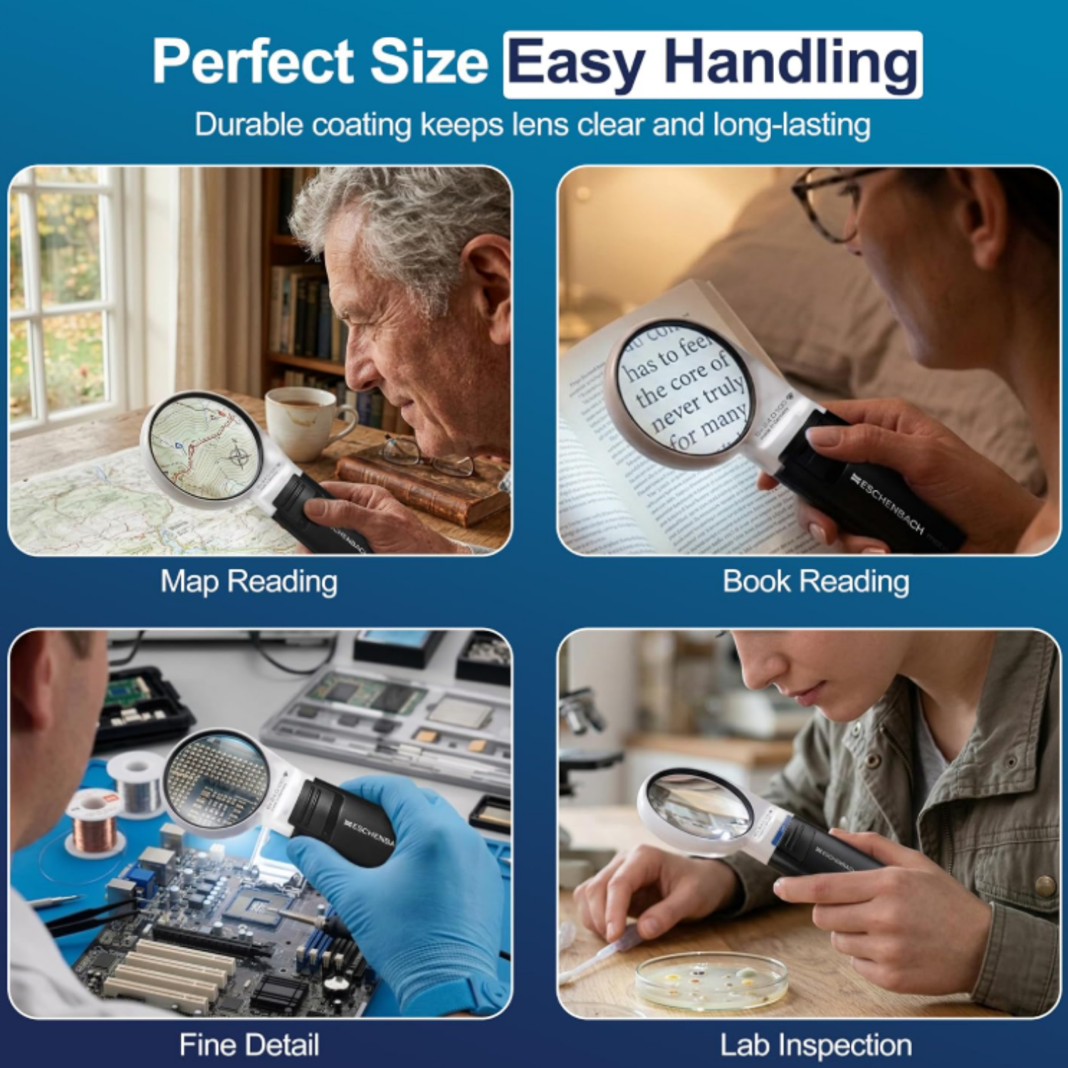 Mobilix magnifier shown in 4 environments as an example of scale and use cases.