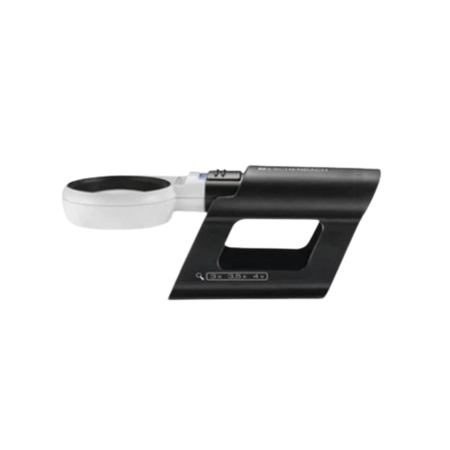 Large magnifying glass sitting horizontally in its stand on a white background.