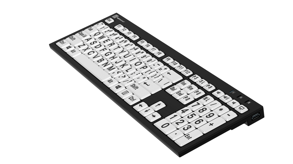 Image of right side of the Nero LargePrint Slimline Black on White PC Keyboard from LogicKeyboard.