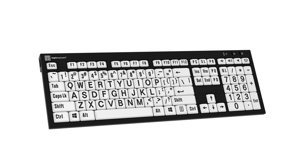 Left angle image of the Nero LargePrint Slimline Black on White PC Keyboard from LogicKeyboard.