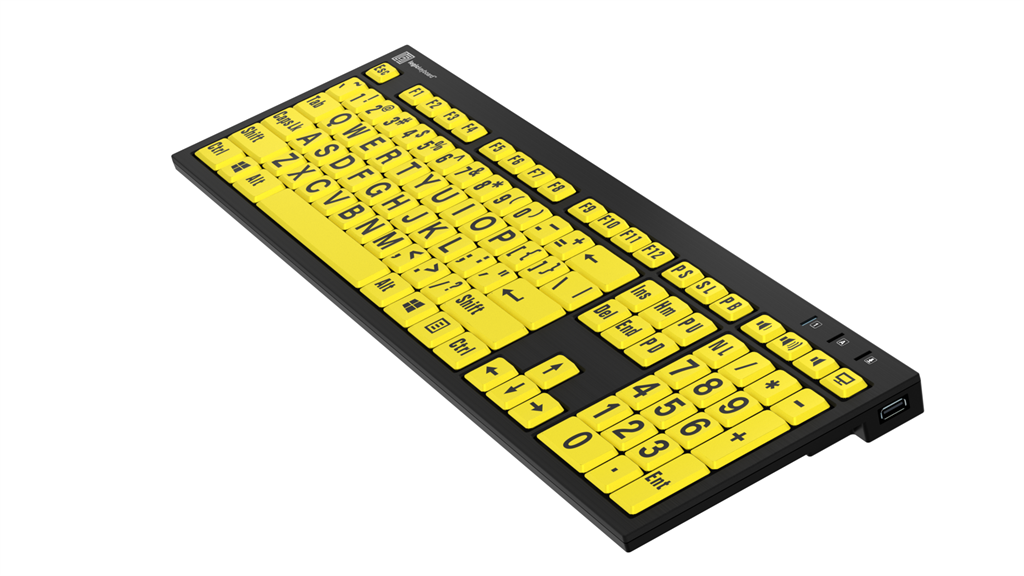 Image of the right side of the Nero LargePrint Slimline Black on Yellow PC Keyboard from LogicKeyboard.