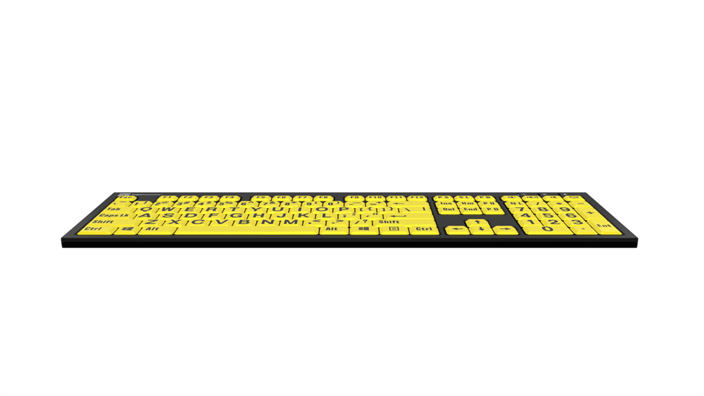 Front edge image of the Nero LargePrint Slimline Black on Yellow PC Keyboard from LogicKeyboard.