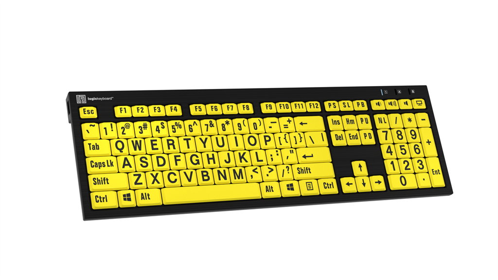 Left side angle image of the Nero LargePrint Slimline Black on Yellow PC Keyboard from LogicKeyboard.