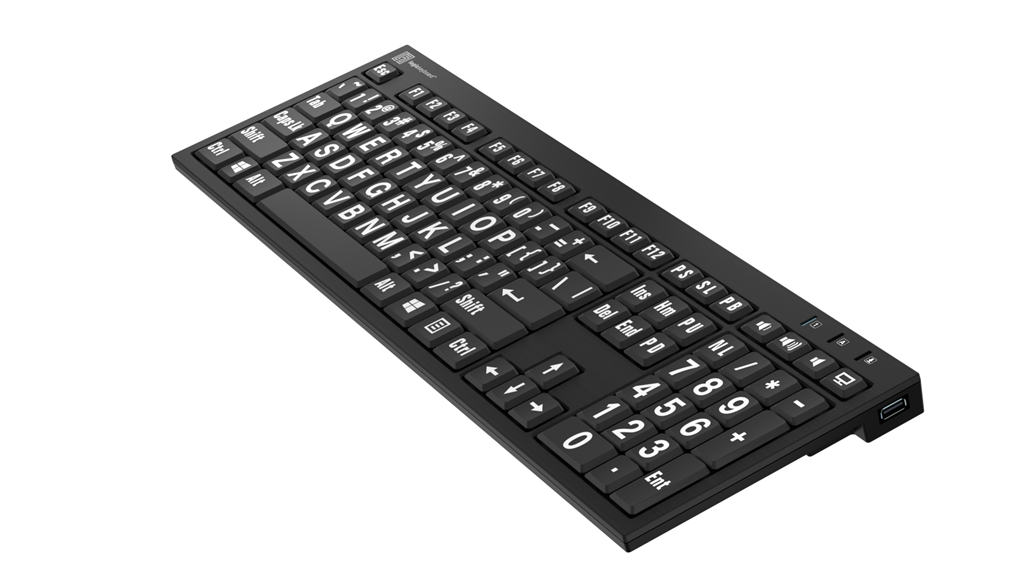 Right angle image of the LogicKeyboard Nero LargePrint Slimline White on Black Keyboard for PC.