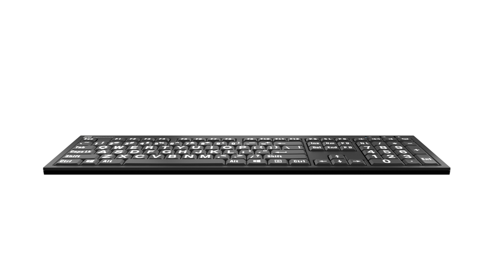 Image of the front edge of the LogicKeyboard Nero LargePrint Slimline White on Black Keyboard for PC.