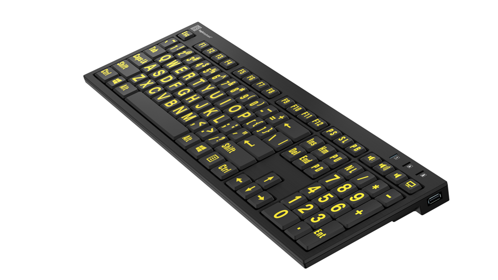 Right angle image of the Nero LargePrint Slimline Yellow on Black Keyboard  for PC from LogicKeyboard.