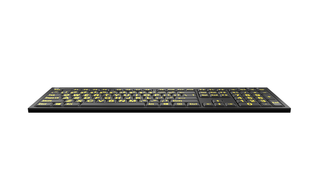 Front edge image of the Nero LargePrint Slimline Yellow on Black Keyboard  for PC from LogicKeyboard.