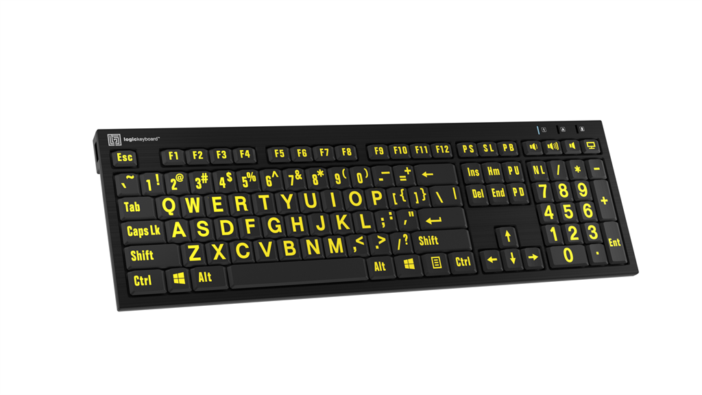 Left angle image of the Nero LargePrint Slimline Yellow on Black Keyboard  for PC from LogicKeyboard.