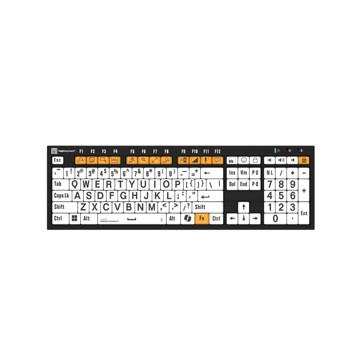High contrast large print keyboard with black letters on white keys.