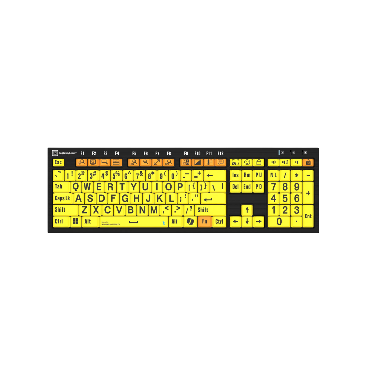 LogicKeyboard Windows Accessibility keyboard with black large print letters on yellow keys as seen from above.
