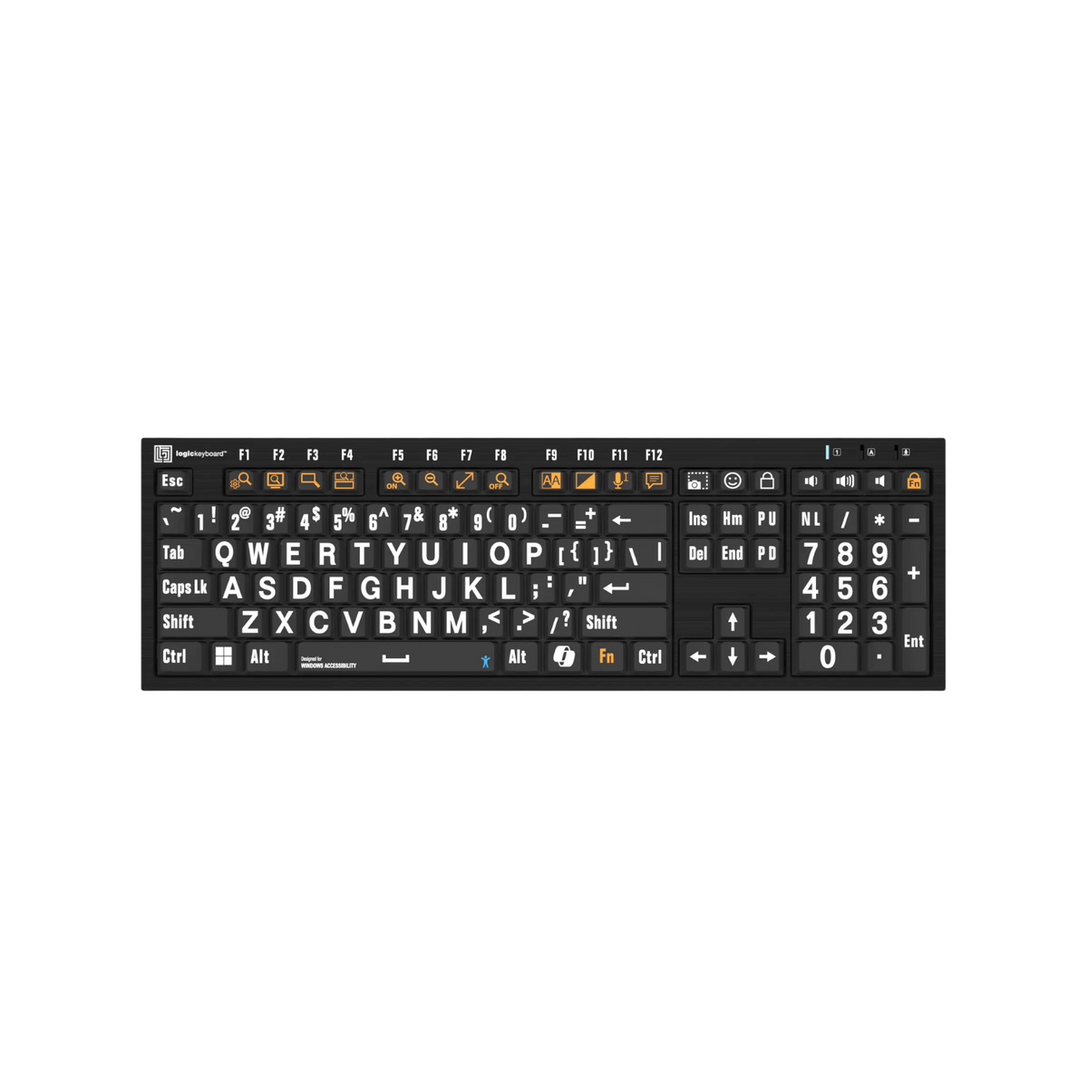 Top view of accessibility keyboards with large print white letters on black keys.