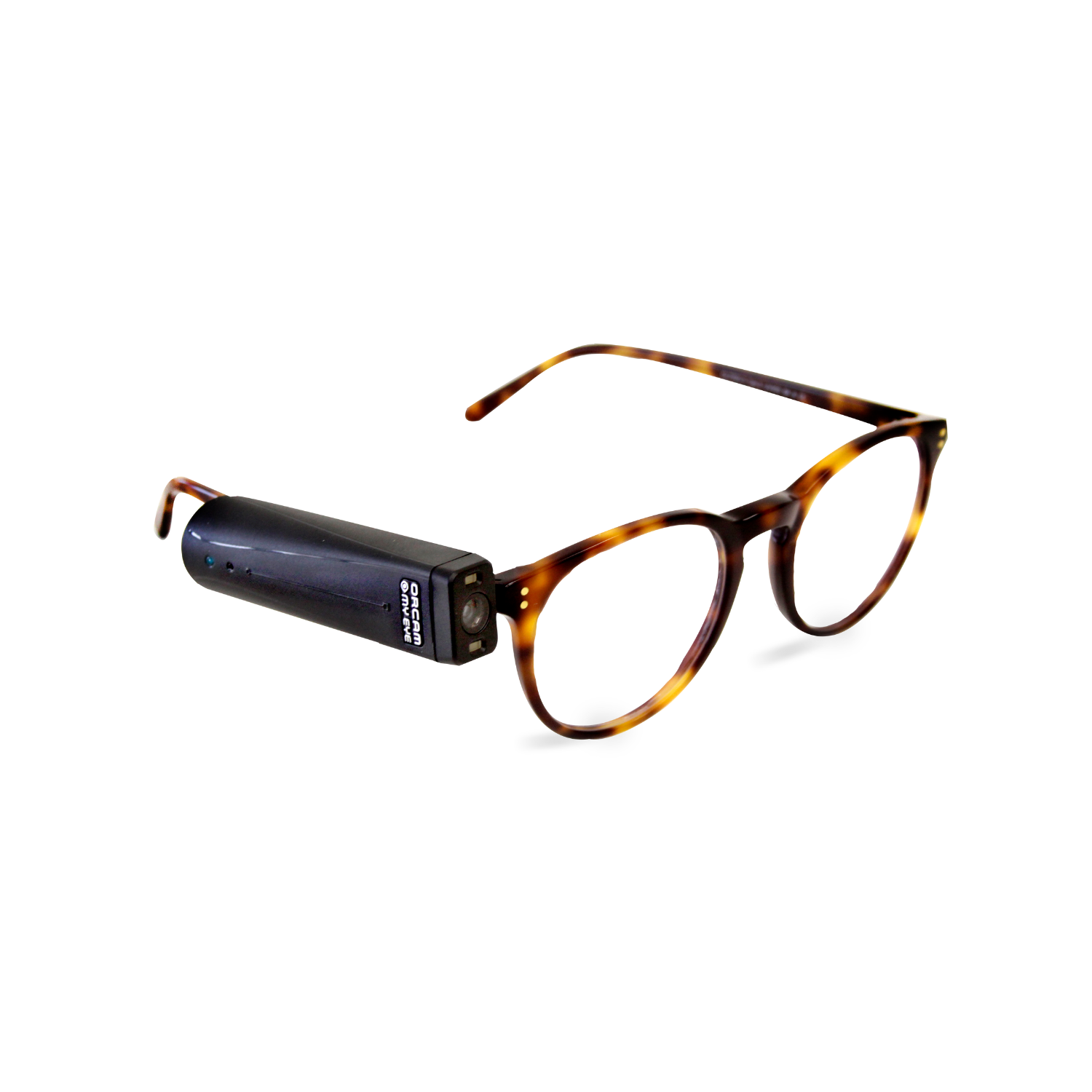 Image of the Orcam Myeye 3 Pro AI Vision Assistant attached to included glasses.