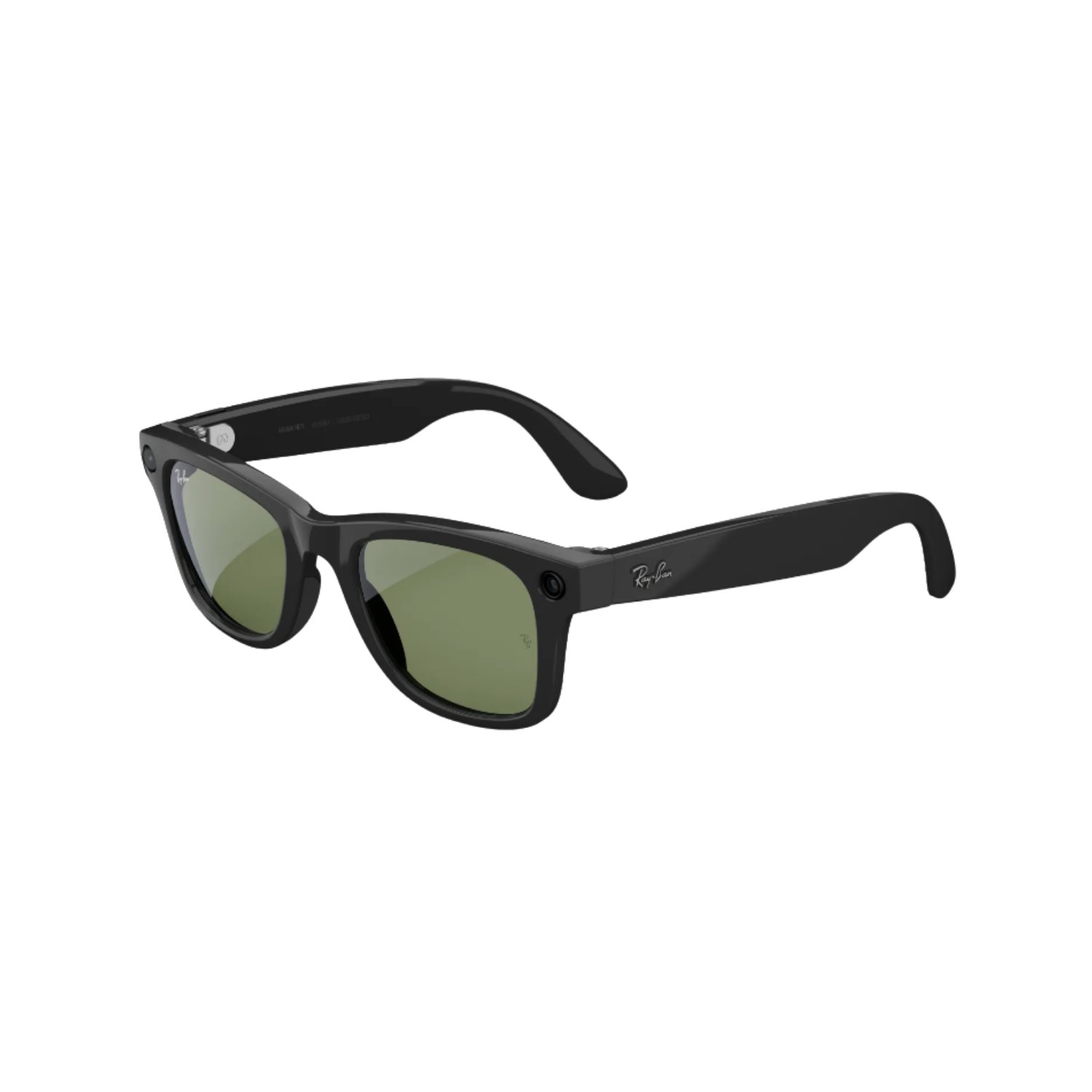 Left angle of black Wayfarer Ray-Ban Meta smart glasses with green lenses.