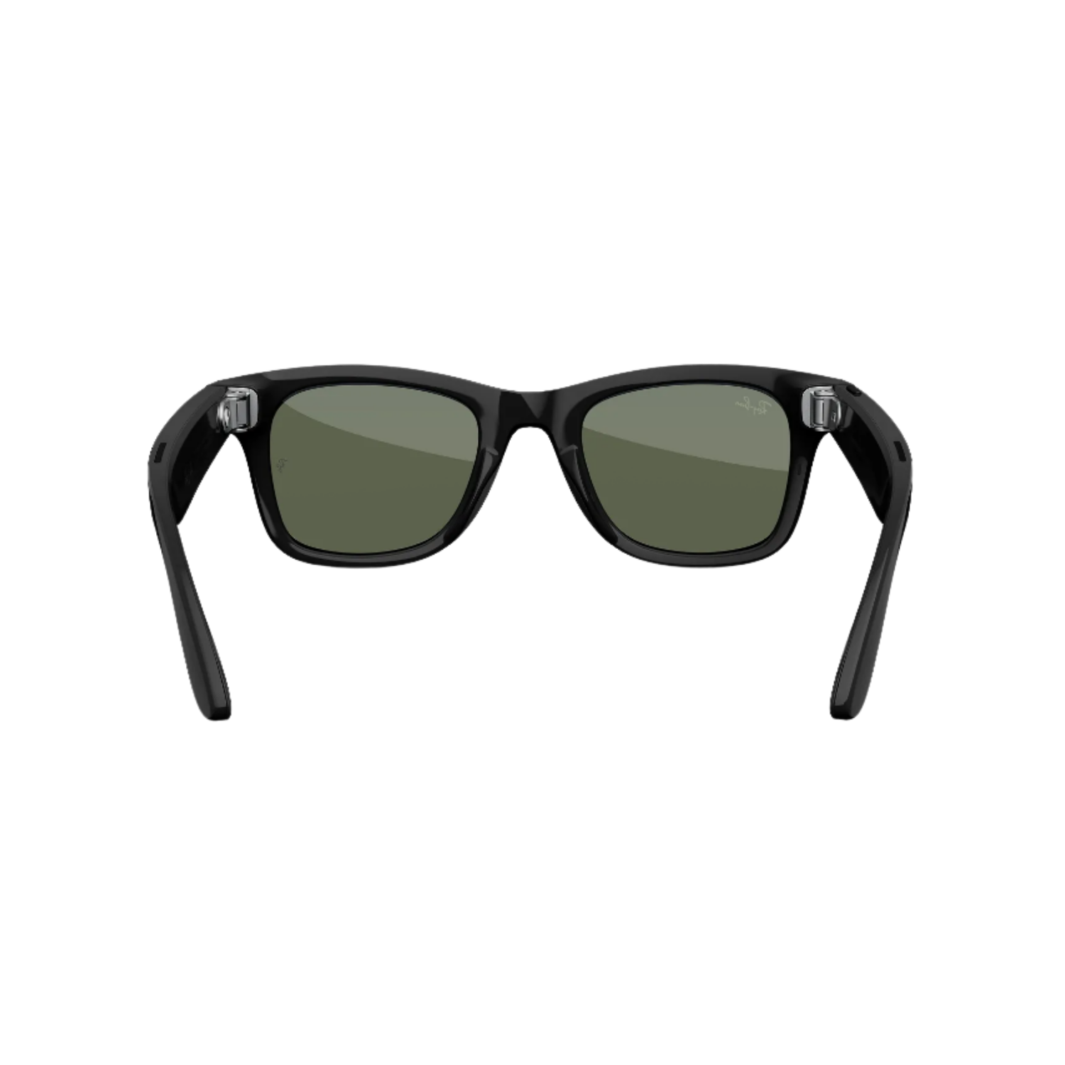 Front view of black Wayfarer smart glasses with green tint.