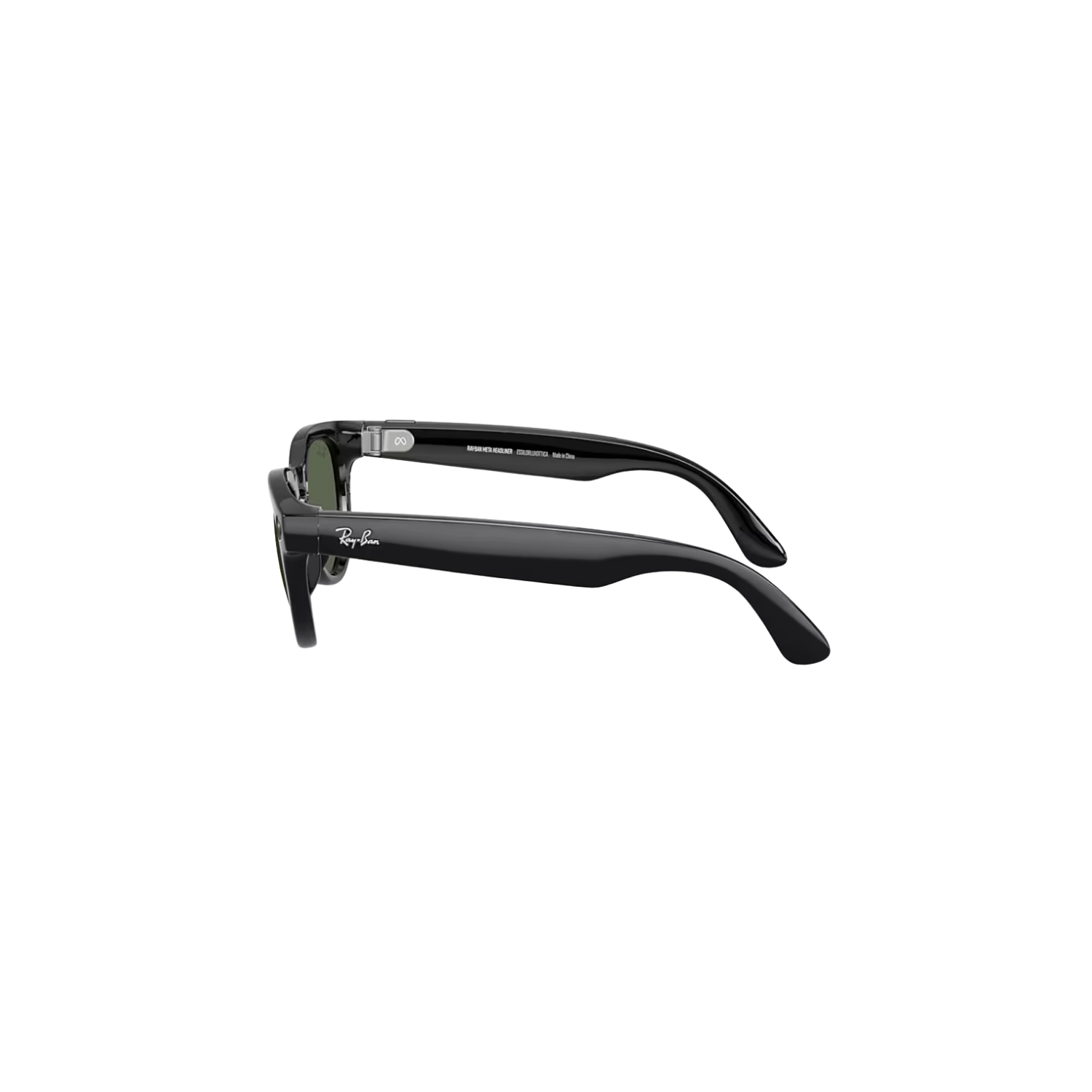 Left side of black smart glasses with green lenses.