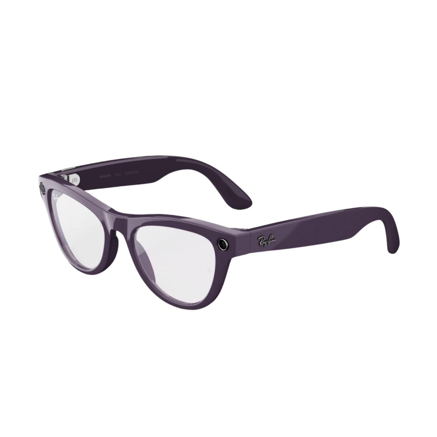 Left side of violet smart glasses with clear5 to amethyst transition lenses on white background.