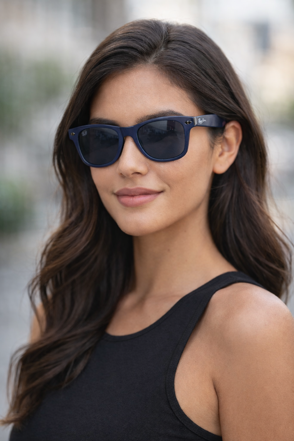 Young woman wearing Meta AI smart glasses.