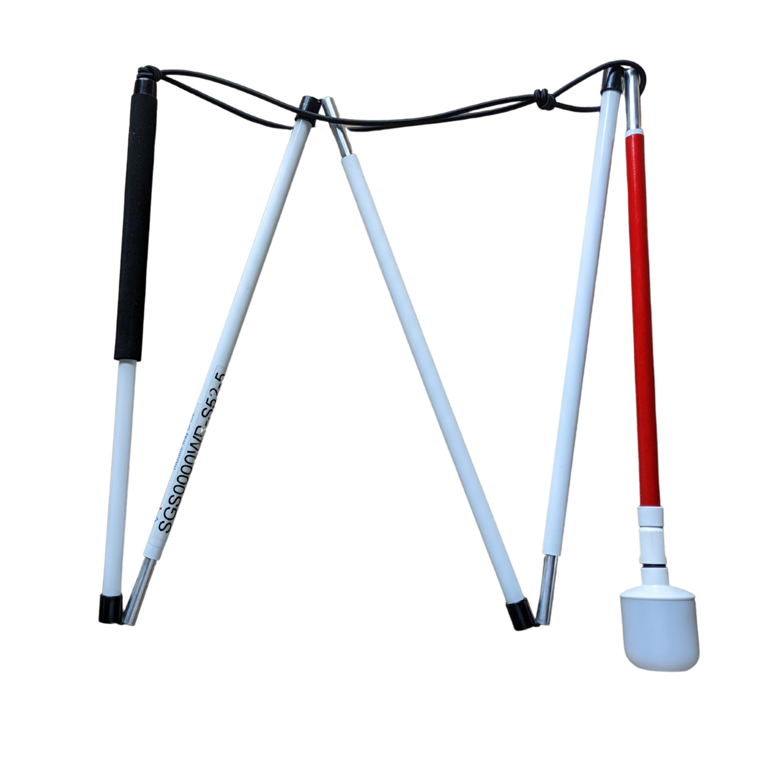Image of a white Slimline ID cane from Ambutech with a white roller marshmallow tip
