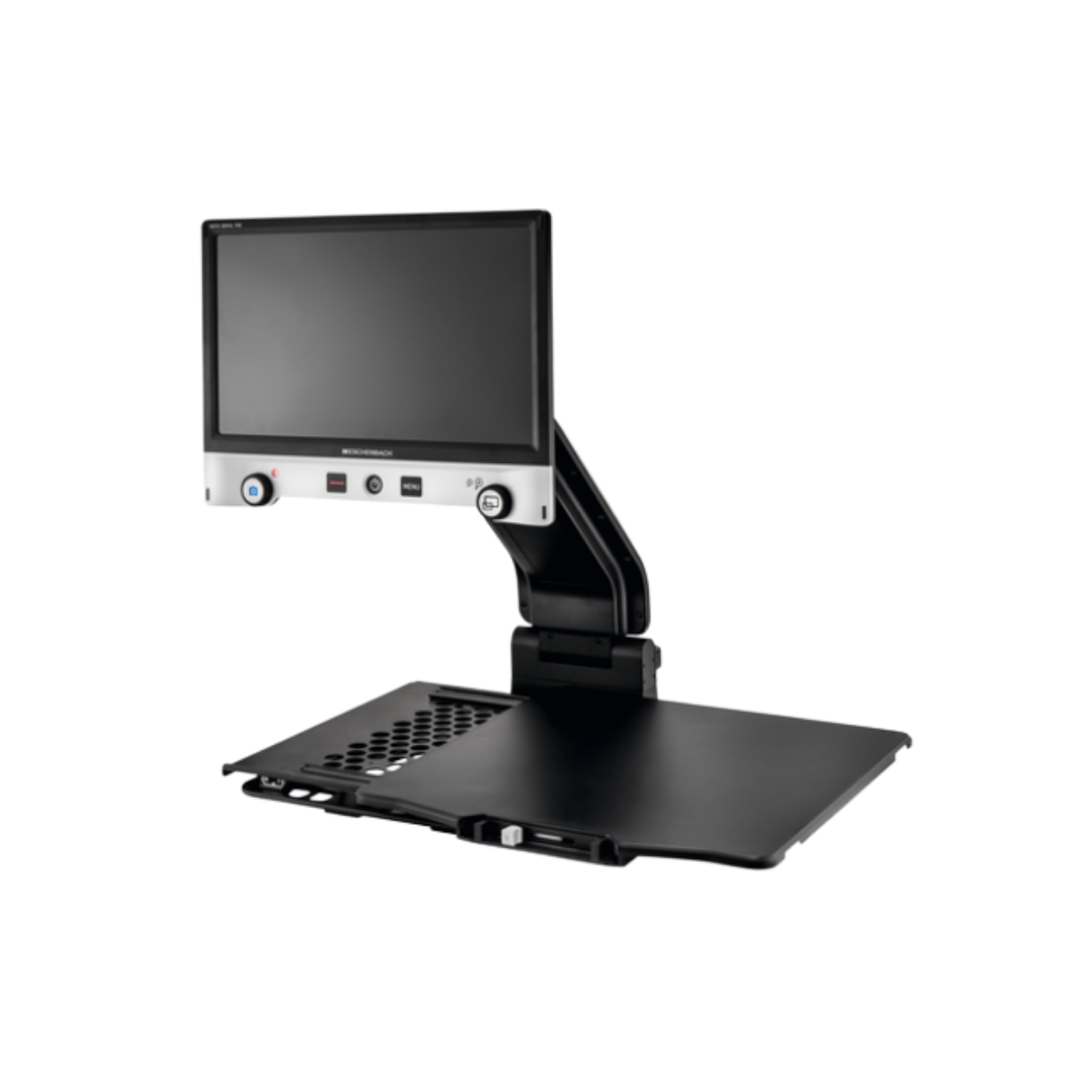 Right angle view of Eschenbach's  15.6" Vario desktop magnifier on white background.